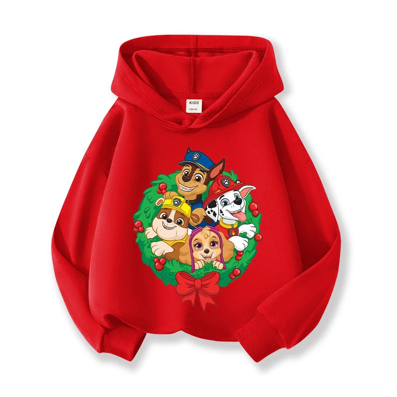 Paw Patrols Christmas Baby Hoodies Cute Anime Print Long Sleeved Child Red Top Pullover Casual Sweatshirt Kids Clothes Xmas Gift