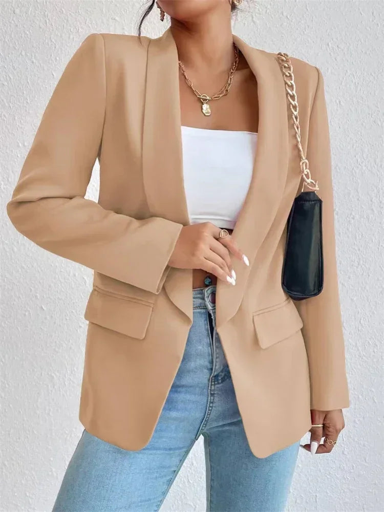 Elegant Casual Solid Color Blazer Vintage Formal Business Chic Suit Jackets Female Outerwear Long Sleeve Open Stitch Slim Coats
