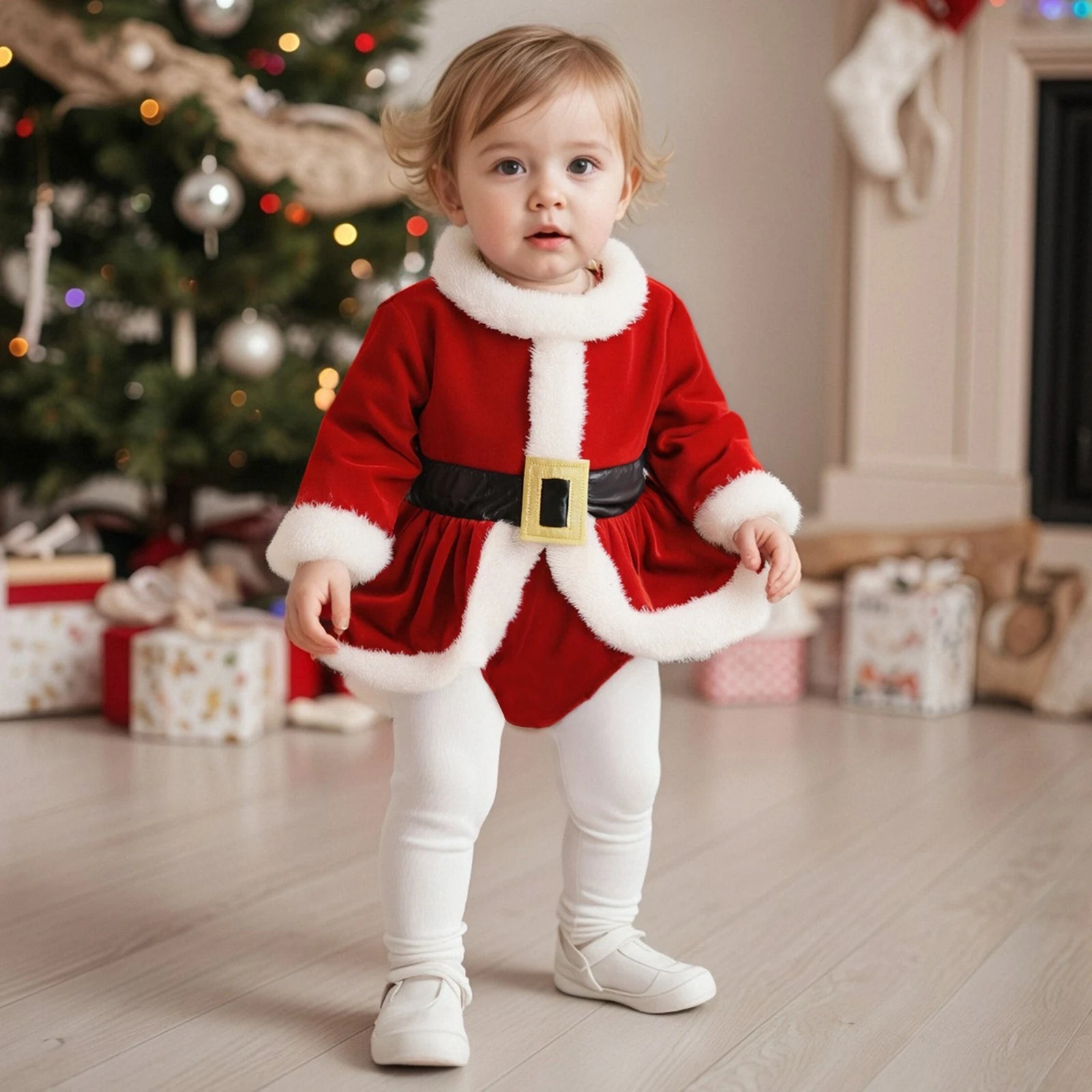 Baby Girl Christmas Outfit Plush Long Sleeve Romper Dress Hat Santa Costume 2 Piece Set