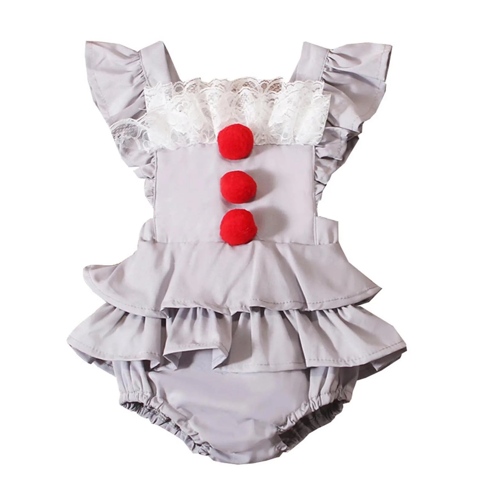 Baby Girl Halloween Creepy Clown Cosplay Costume Long Sleeve Layered Ruffled Gray Joker Dress Romper for Theme Party Photo Shoot