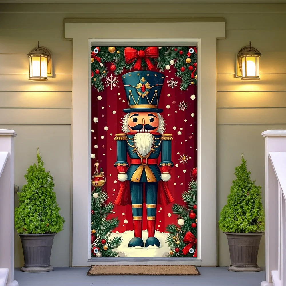 1 piece, festive walnut tongs Christmas door banner, red with gold accents, snowflake and pine tree design