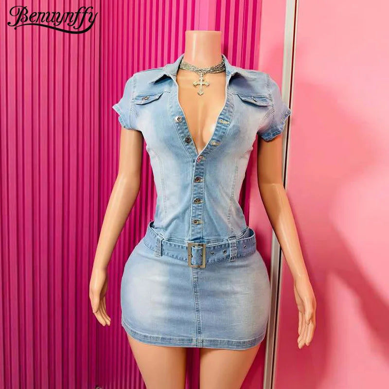 Benuynffy Sexy Half Button Elastic Denim Dress Women Summer 2025 New Turn-down Collar Fashion Slim-fit Bodycon Short Dresses
