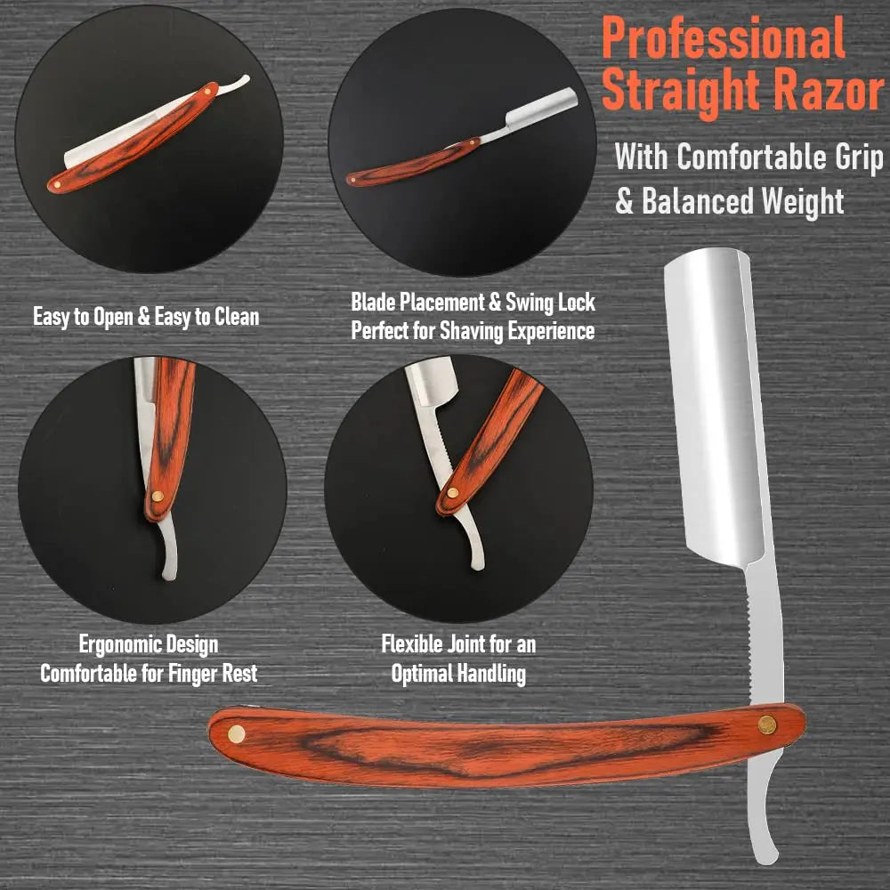 Rasoir à bord droit en acier inoxydable de qualité supérieure : rasoir manuel pointu, pliable et professionnel pour un rasage précis de la barbe