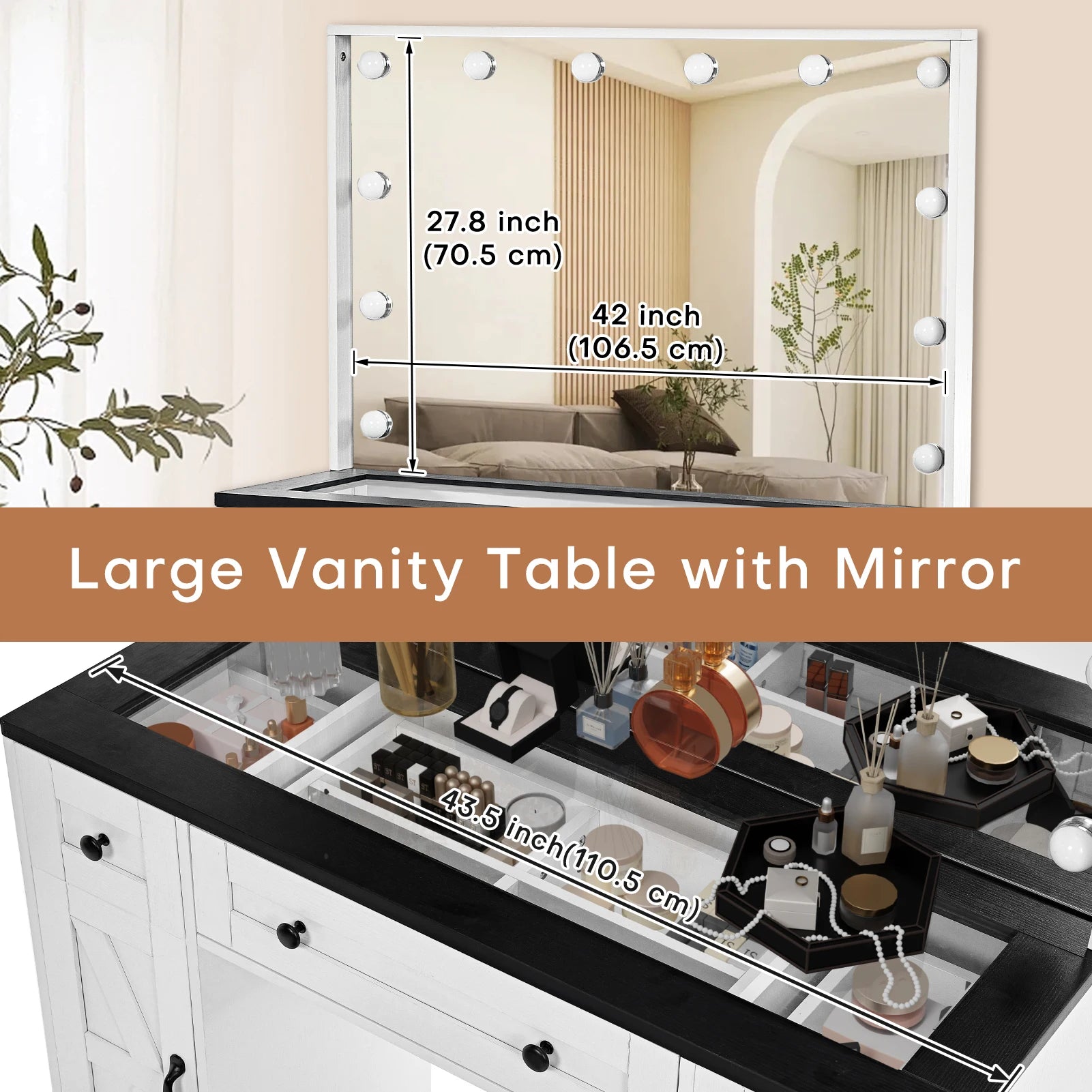 Bureau de maquillage de ferme avec miroir éclairé, bureau de maquillage Hollywood avec 3 tiroirs et 2 armoires, coiffeuse de 43 pouces, tabouret inclus