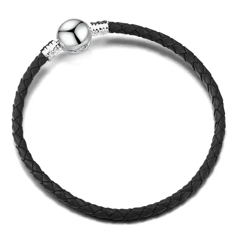 Original 925% sterling silver fashionable leather heart-shaped circular buckle charm bracelet for women DIY jewelry special gift