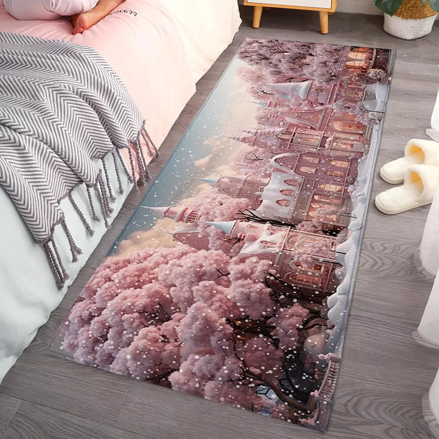 VIKAMA Christmas Pink Carpet Snowman Castle Floor Mat Living Room Carpet Bedroom Bedside Rug Soft Doormat Welcome Carpet Home De