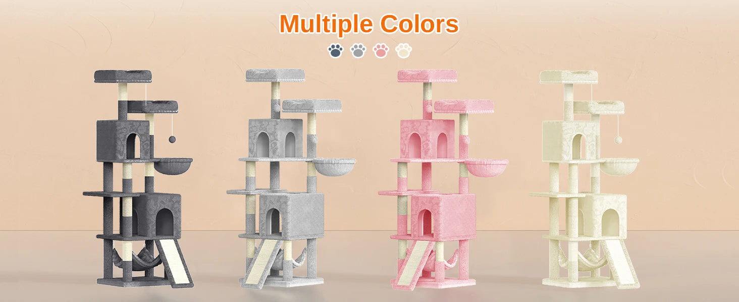 Oak & Tea Cat scratching post 158cm Climbing Tower with 7 Scratching Pillars, 2 Houses & 2 Hammocks for Domestic Cats