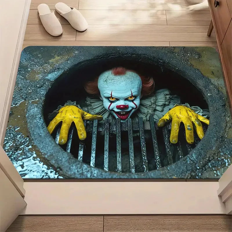 VIKAMA New Halloween Clown Doormat, Horror-Themed Rug, Entrance Hallway Bathroom Door Mat, Non-Slip Absorbent Home Decor