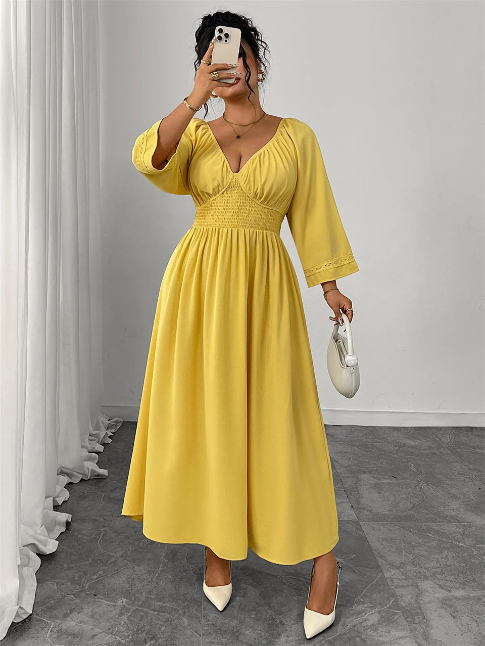 GIBSIE Plus Size Deep V-neck Sexy Long Dress Women Autumn 2025 New Solid Party Elegant High Waist Elastic A-Line Dresses