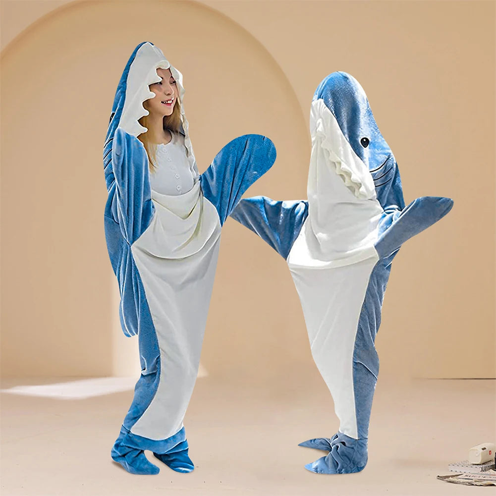 Shark Blanket Cartoon Sleeping Bag Shark Onesie Sleeping Bag Pajama Hooded Warm Flannel Funny Homewear Winter Warm Blanket
