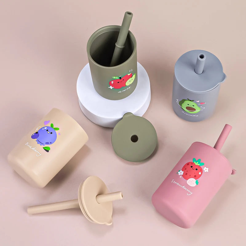 Baby Feeding Drinkware Straw Cup Baby Cartoon Learning Feeding Cup Food Grade Silicone Toddler Water Bottle Tableware BPA Free