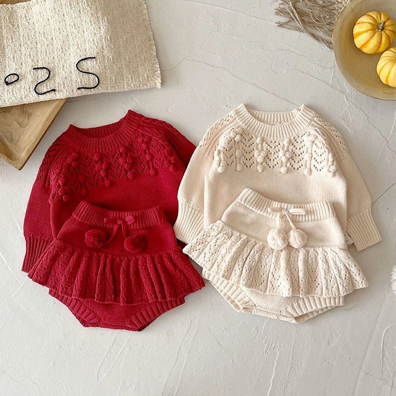 2025 New Autumn 0-3Yrs Children Clothes Suit Long Sleeved Knitted Pullover Sweater+PP Shorts Toddler Baby Girl Clothes Set