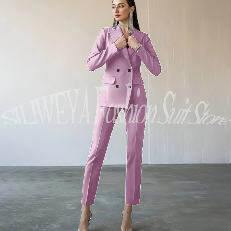 Fashion Chic Burgundy Red Purple Women Suit Double Breasted 2 Piece Jacket Pants Blazer Set Slim Fit Office Lady Female Clothing