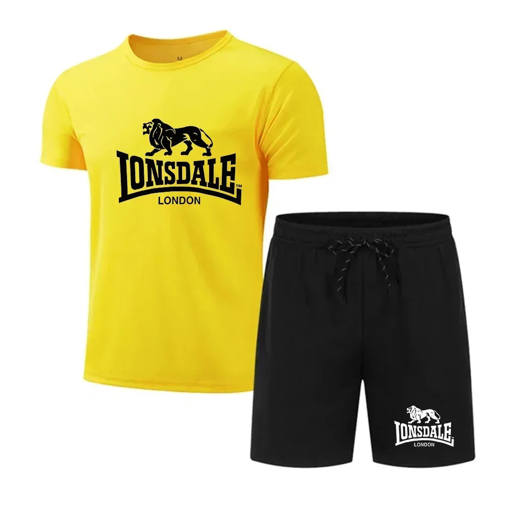 Men's summer T-shirt+shorts mesh set Lonsdale printed quick drying breathable sports set short jogging gym casual sportswear