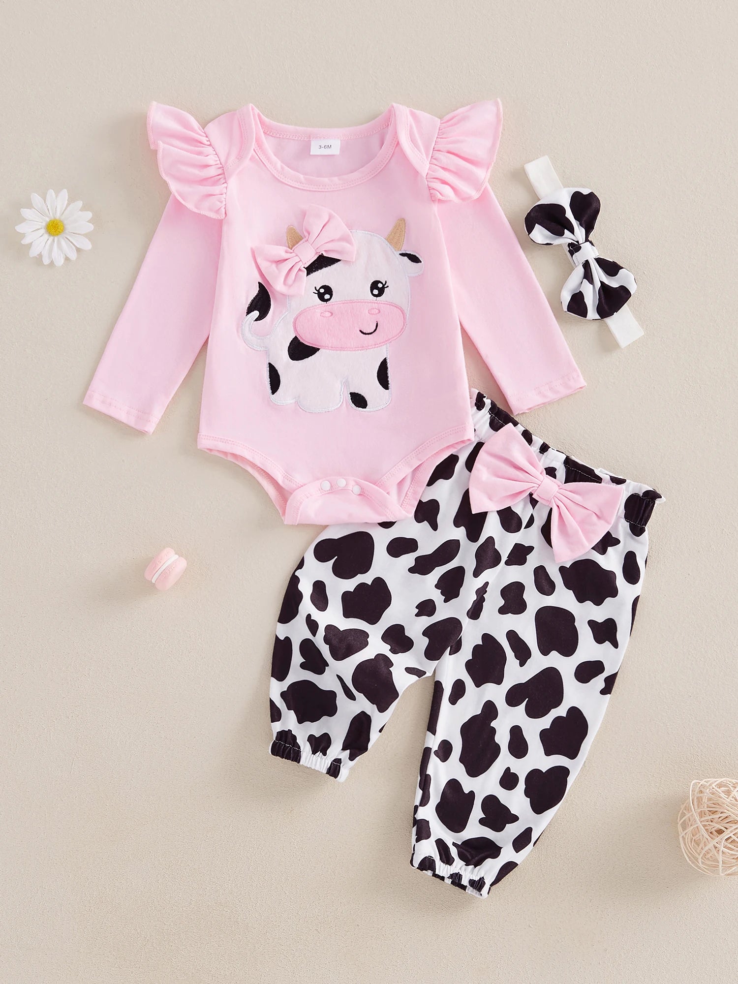 Baby Girl Fall Outfits Cow Embroidery Long Sleeve Romper Long Pants Headband 3Pcs Clothes Set