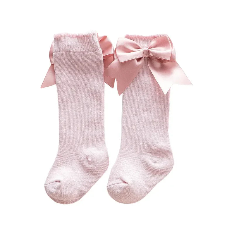 0-24months Infant Girl Below Knee Socks Solid Color Bow Decor Stockings For Girls Infant Breathable Socks