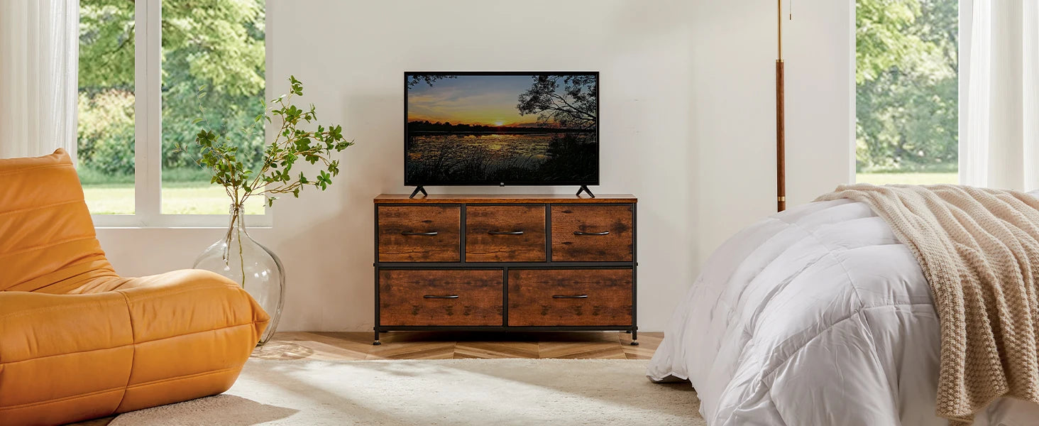 JHK salon vitrine couches avec 5 tiroirs en tissu armoire cadre en acier assemblage placard pour vêtements rangement commode