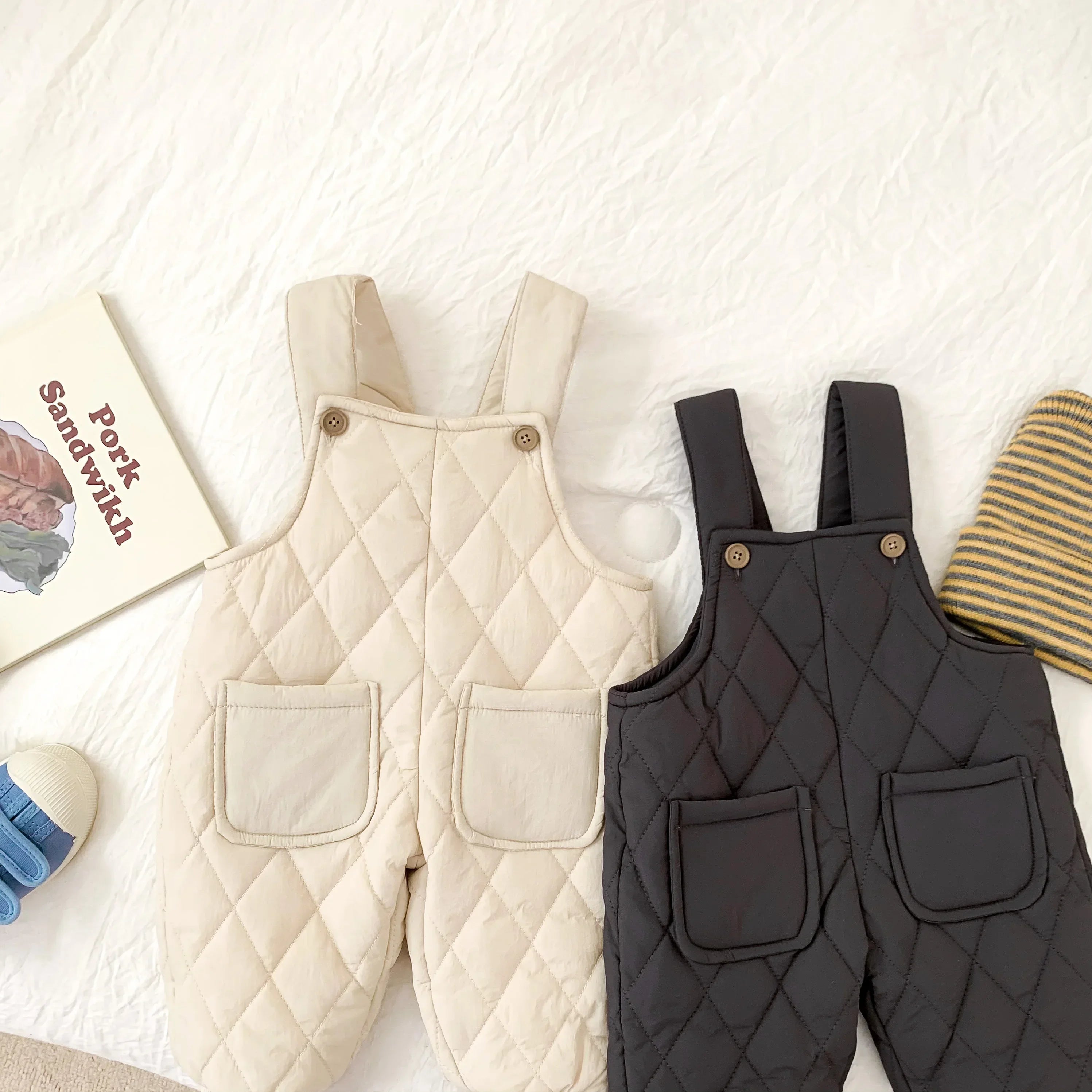 Winter Baby Boys And Girls Solid Color Thick Overalls Autumn And Winter Quilted Thick Pants Children's Casual Warm Jumpsuit