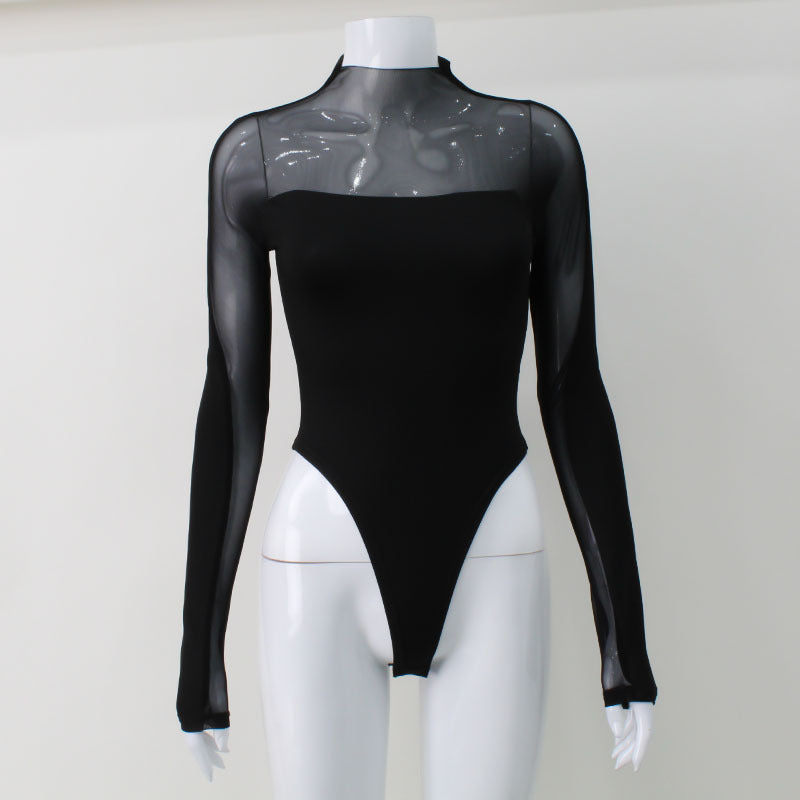 Bodysuit Women Sexy Transparent Turtleneck Festivals Outfits Mesh Top Long Sleeve Tees Sexy Woman Costume See Through Leotard