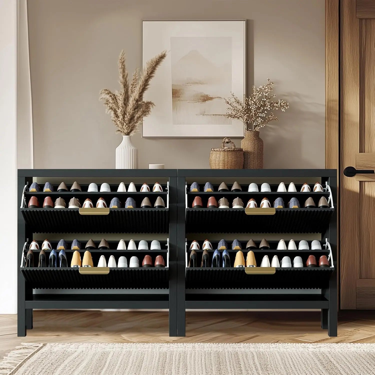 " Armoire à chaussures moderne à 2 niveaux – Conception autoportante à tiroirs rabattables, organisateur en bois de grande capacité pour l'entrée"