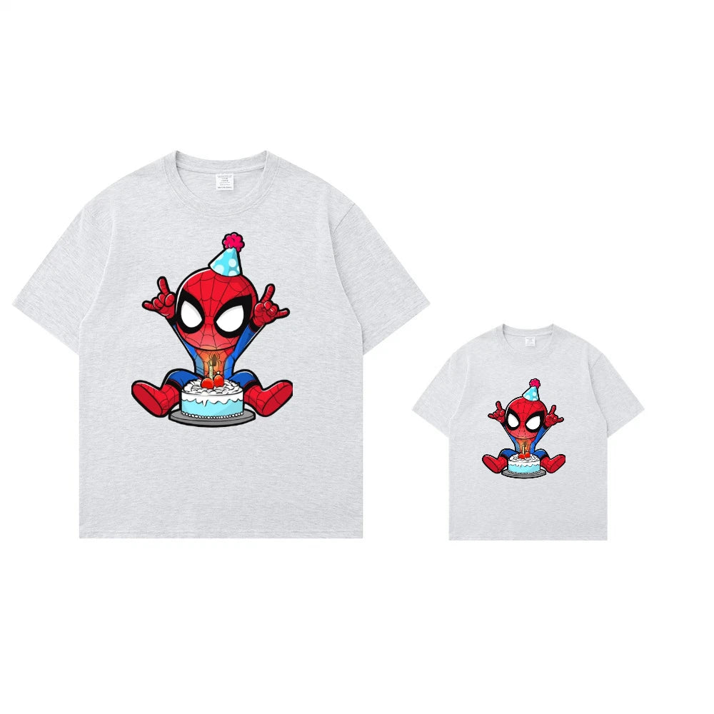 Marvel Printed Cotton TShirt Spider Man Celebrate Birthday Graphic Summer Autumn Family Matching Outfits Parent-child Unisex Tee
