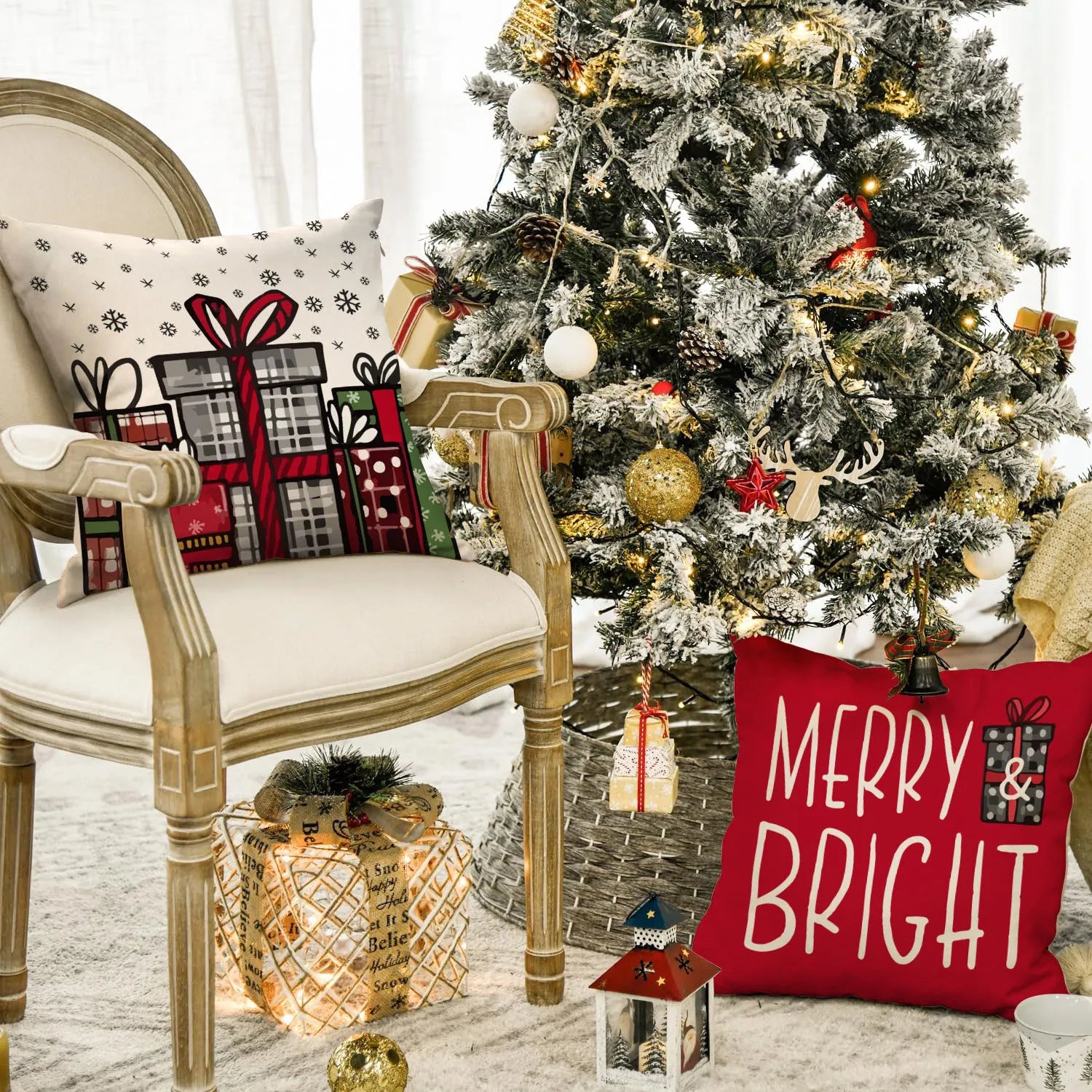 1pc/4pcs Christmas Pillow Cover, Black and Red Buffalo Plaid Celebration Christmas Tree Snowflake Decoration Sofa Cushion Cover