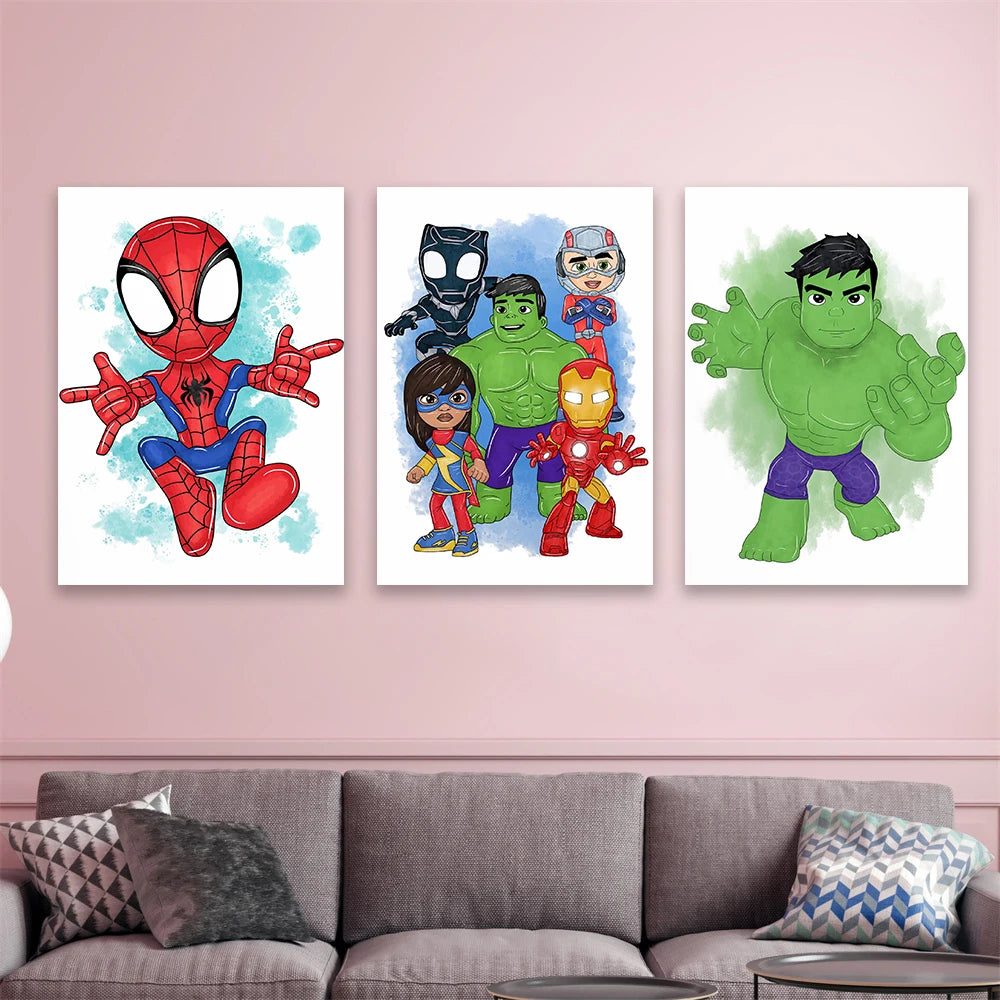 3 PCS Colorful Spidey & Friends Wall Art Poster Watercolor Splatter Art Print Boys Playroom Decor Superhero Nursery Art Canvas