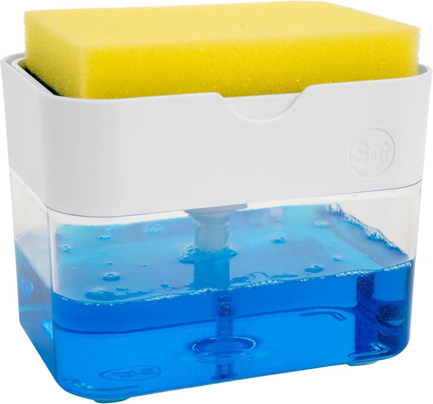 The home kitchen sink dishwashing soap dispenser with sponge holder is used for storing and dispensing liquid cleaning agents vi