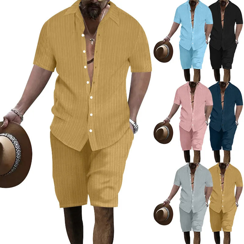 Summer European and American Style Men's Clothing Short Sleeve Cardigan Suit Men's Casual Loose Short Sleeves Shorts Beach Suit