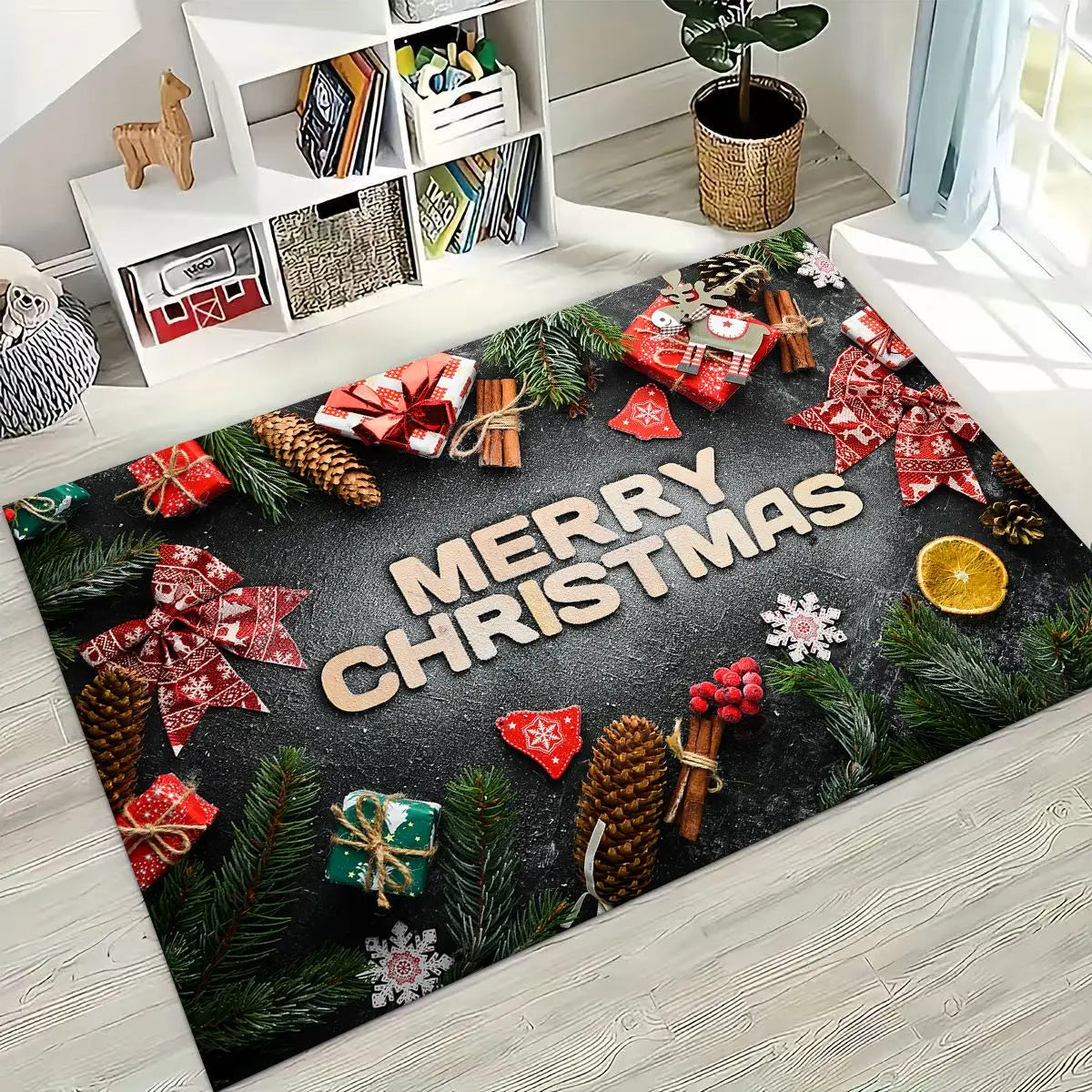 Merry Christmas Tree Santa Claus Cartoon Happy New Year Gift Carpet Rug for Bedroom Living Room Sofa Home Doormat Decor,Non-slip