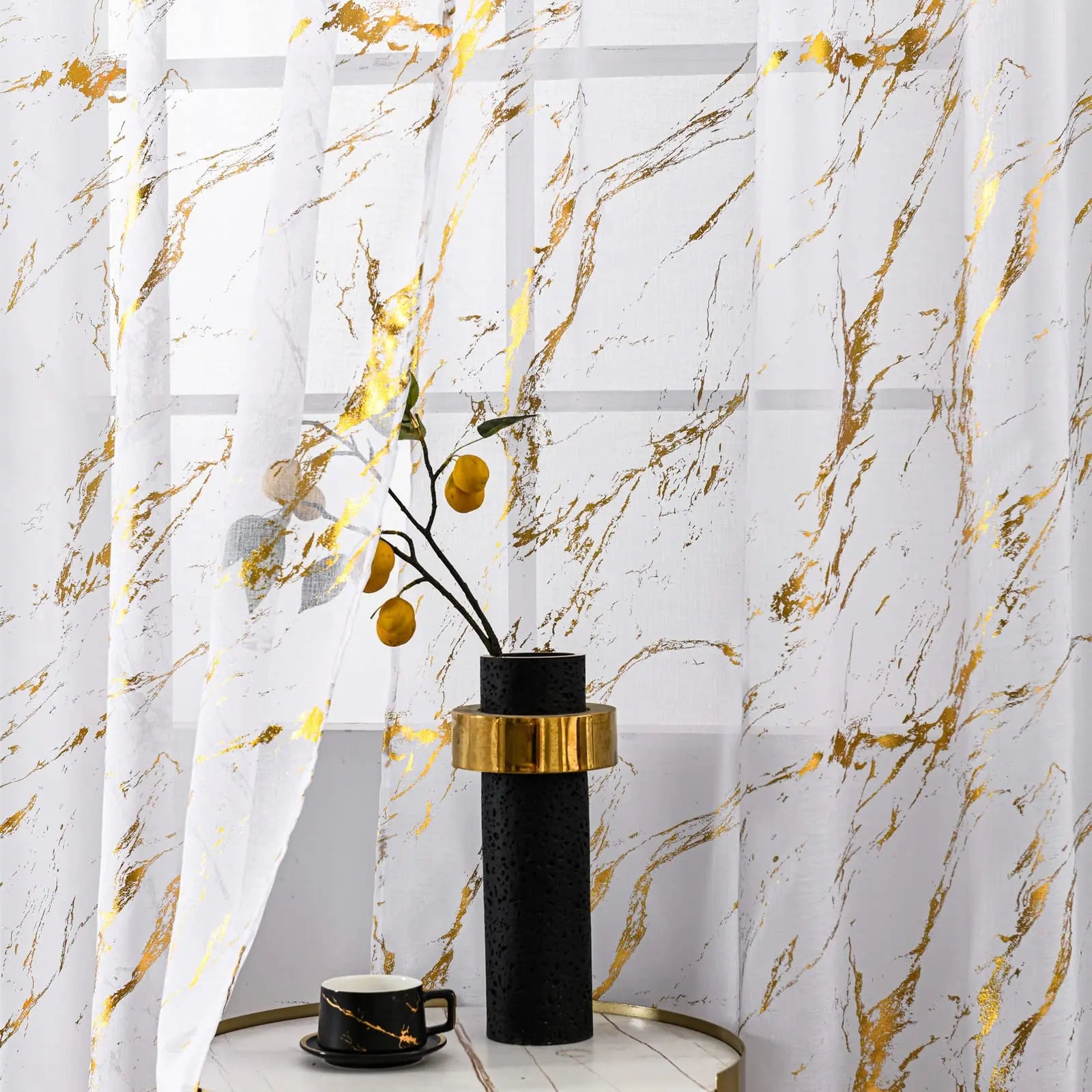 Marble White Sheer Curtains Gold Foil Print Metallic Bronzing, Privacy Window Treatment Decor Abstract Drape for Bedroom Kitchen