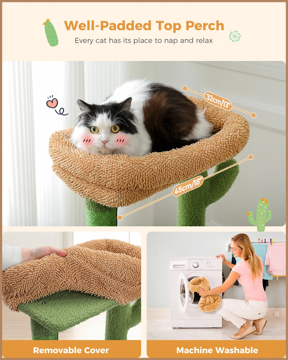 شجرة قطط مصنوعة من الصبار مع أعمدة خدش مغطاة بالسيزال، شقة كبيرة، أرجوحة مريحة ومجثم فاخر، برج قطط للاستخدام الداخلي، بيت قطط