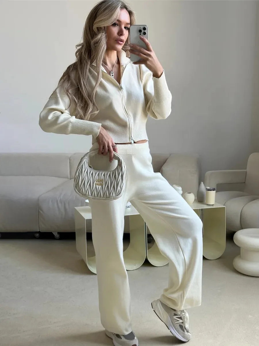 Zipper Front Knitted Long Sve Wide Leg Pants Two Piece Set for Women Autumn Winter Pure Color Faion Ensemble