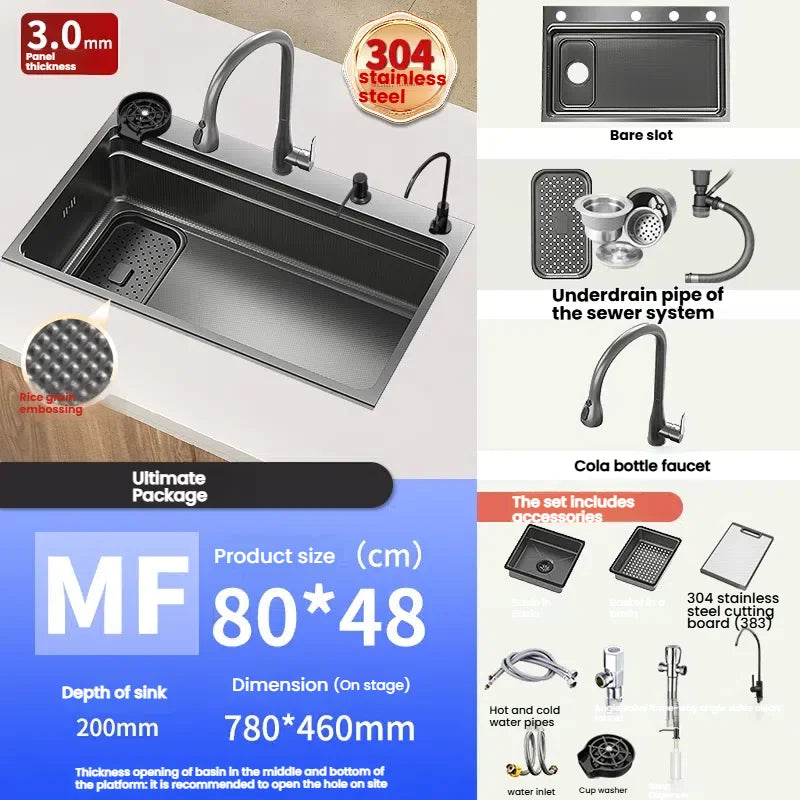 Stainless Steel Gray Kitchen Sink Multifunctional Stain and Scratch Resistant Large Single Slot Household Wash Cuisine Basin