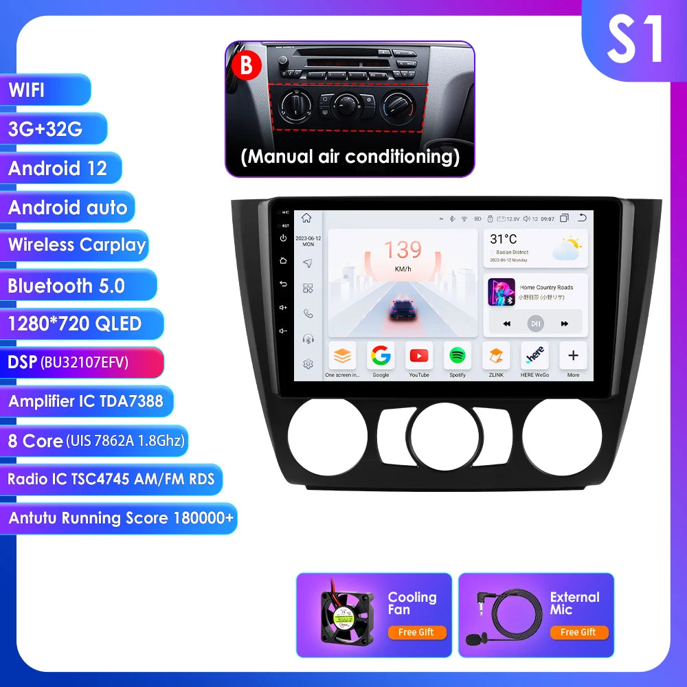 Hizpo 9inch 2Din Android13 Car Radio for BMW 1 Series E81 E82 E87 E88 AT MT Navigation GPS RDS DSP Android Auto CarPlay 360° CAM