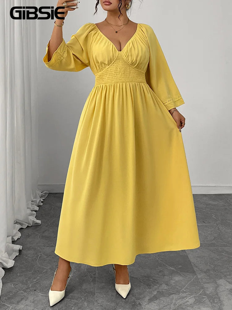 GIBSIE Plus Size Deep V-neck Sexy Long Dress Women Autumn 2025 New Solid Party Elegant High Waist Elastic A-Line Dresses