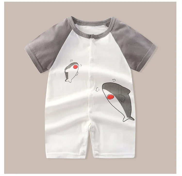 Summer Newborn Clothes Cute Cartoon Dinosaur Tiger Shark Lion Print Comfortable Baby Boys Girl 0-18Month Short Sleeved Jumpsuit