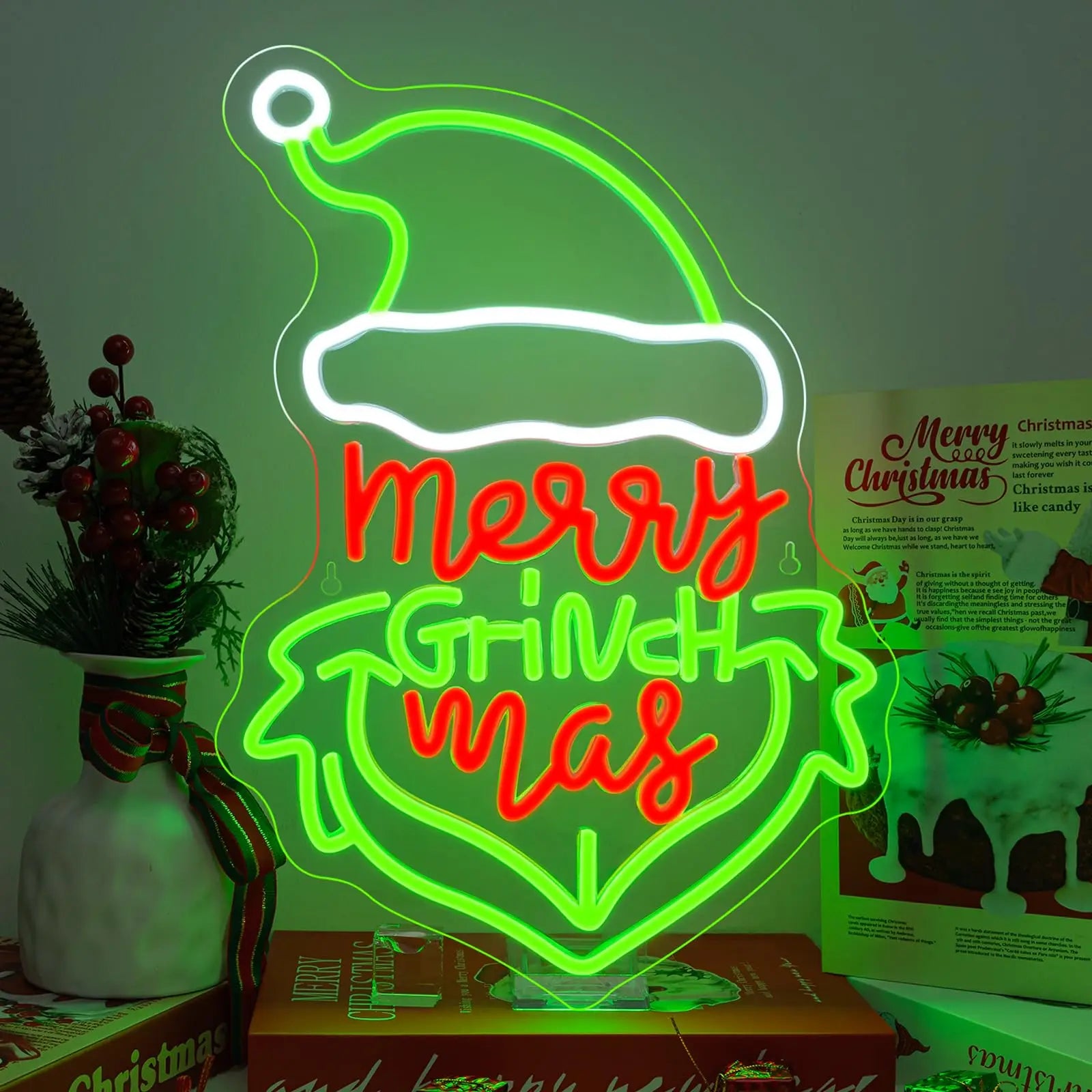 Merry Grinch Mas Neon Sign Green Monster Neon Sign Wall Decor for Bedroom Living Room Kids Room Festival Party New Year