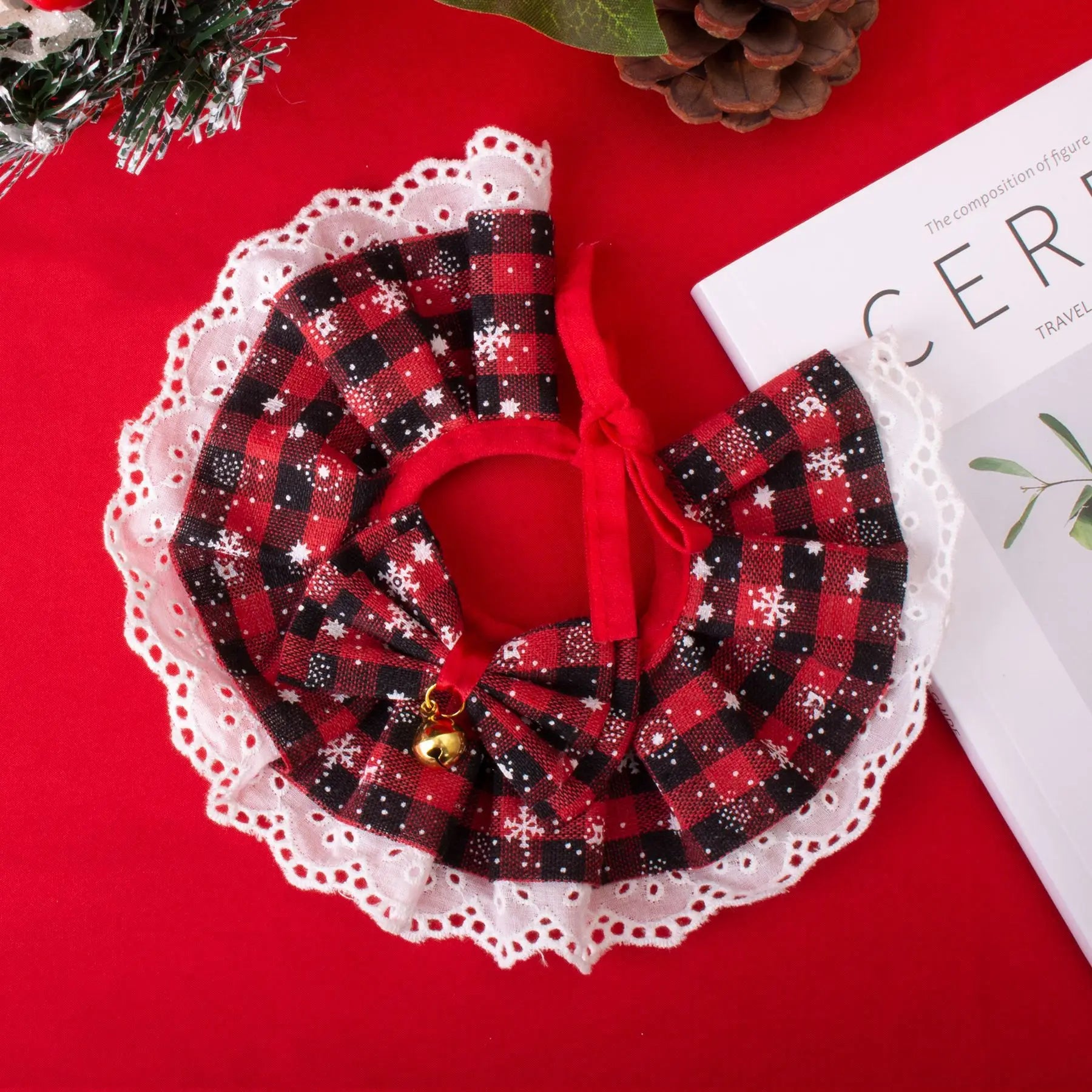 Pet Christmas Tie Bib Drool Towel Cat Dog Bell Scarf Holiday Accessory Plaid Lace Plaid Necklace Dog Accessories for Small Dogs