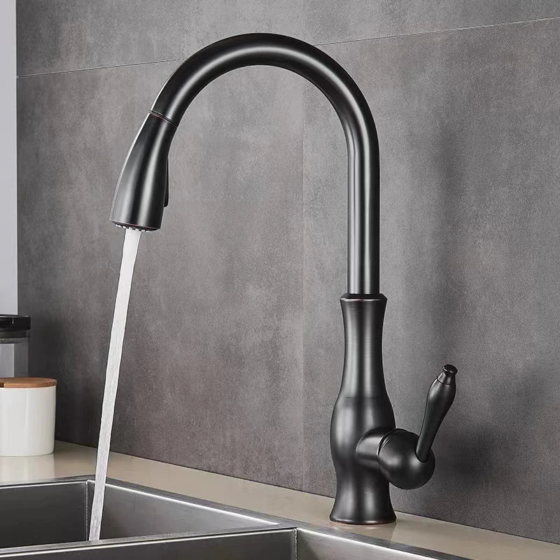 KEMAIDI Rose Gold Kitchen Sink Faucet Black Single Handle Pull Out Kitchen Tap Single Hole Taps 360 Swivel Hot Cold  Water Mixer