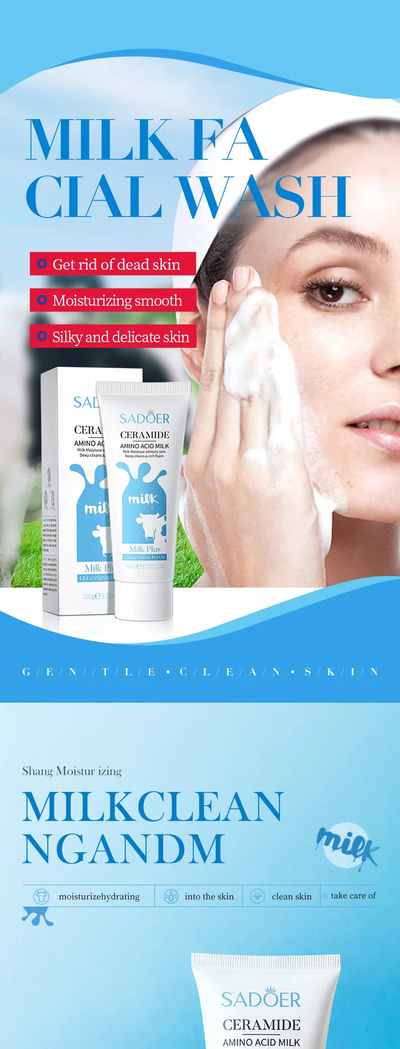 SADOER Milk Facial Cleanser Nourishing Moisturizing Skin Brightening Face Wash Foam Face Cleanser Facial Skin Care for Beauty