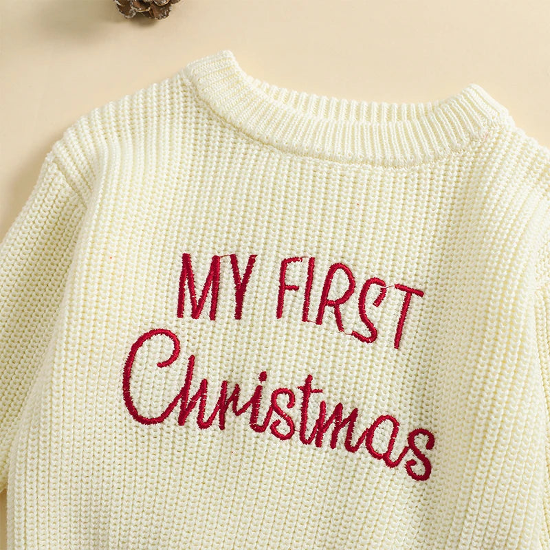 Baby Christmas Sweaters Letter Embroidered Long Sleeve Round Neck Knitted Pullover