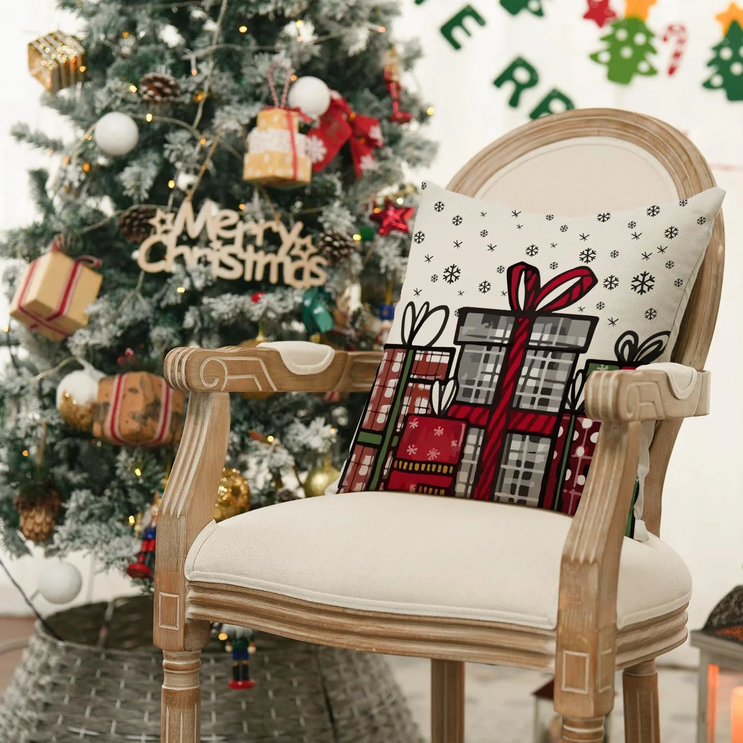 1pc/4pcs Christmas Pillow Cover, Black and Red Buffalo Plaid Celebration Christmas Tree Snowflake Decoration Sofa Cushion Cover