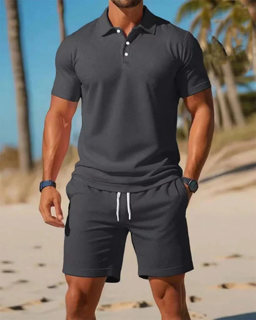 Men's Clothing Summer New Men's Casual Sports two-piece Mesh ventilation Breathable   Lapel Polo Shirt Short-Sleeved Suit
