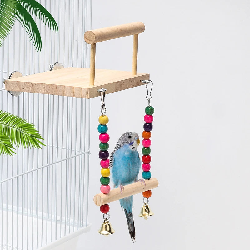 Parrot Toys New Swing Toy Wooden Bird  Perch Stand Playstand With Chewing Beads Playground for Budgie Birds Accessories for Cage