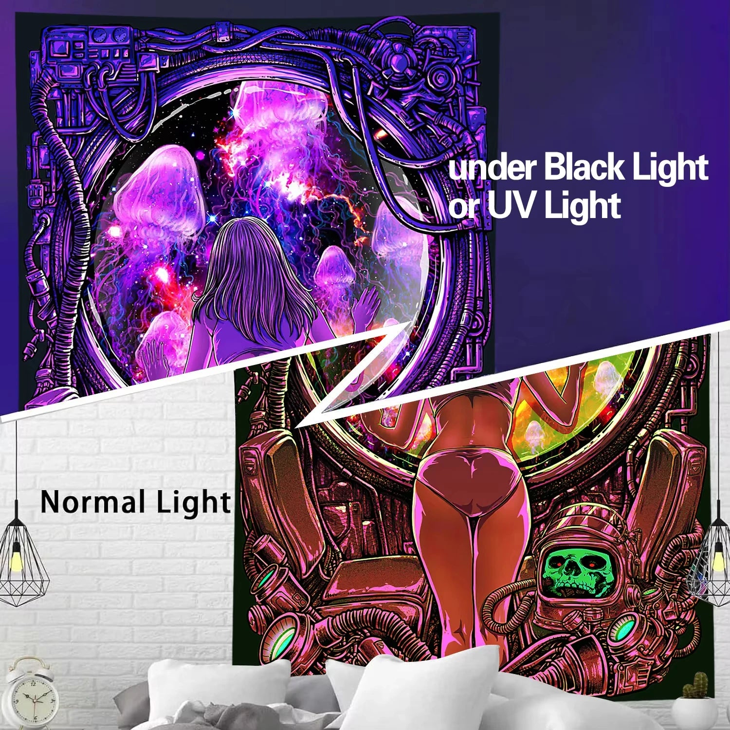 لوحة قماشية لفتاة أرجوانية تنظر إلى قنديل البحر مع جماجم، نسيج مجرة ​​تفاعلي مع الأشعة فوق البنفسجية، مثالي للتعليق على الحائط في ديكور غرفة النوم