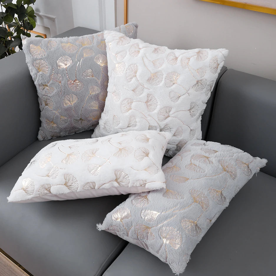 Golden Printed Ginkgo Leaf Pillow Cover 45*45cm 30*50cm Decorative Pillowcase for Living Room Luxury Plush Fur Cushion Covers