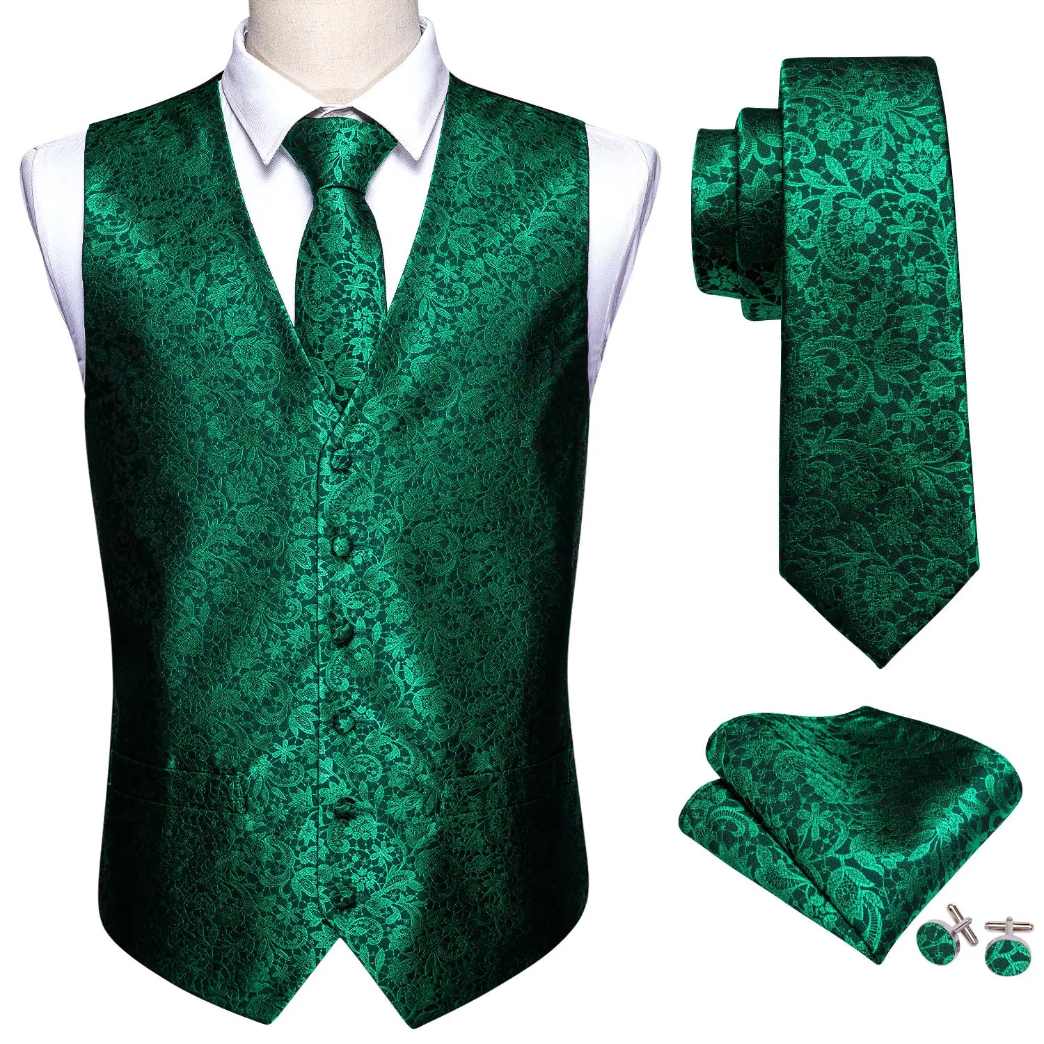 Elegant Vest for Men Silk Green Paisley Plaid Flower Slim Fit Male Suit Embroidered Waistcoat Dress Formal Jacket Barry Wang