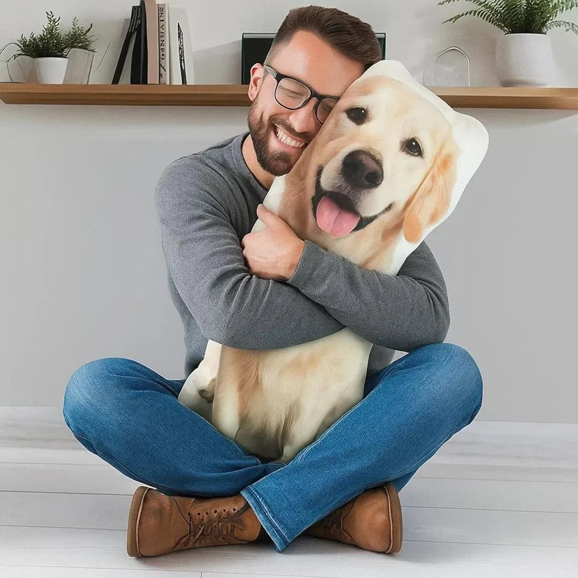 Customized photo pillow with realistic cat and dog shapes, personalized plush gift for friends, olive brown polyester