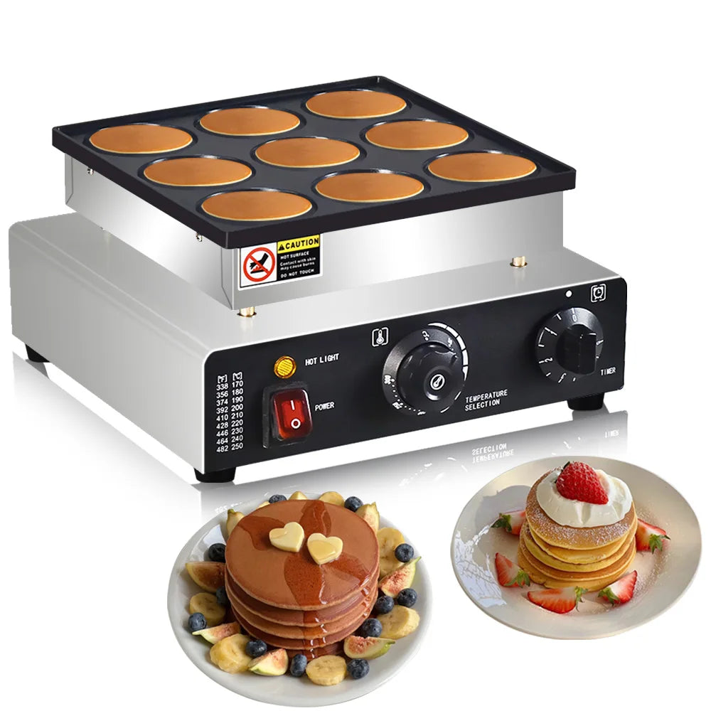 Mini Pancakes Maker Machine, Dutch Mini Pancake Griddle, 9 Holes 76mm Diameter Dorayaki Baker Machine， Electric Poffertjes Pan